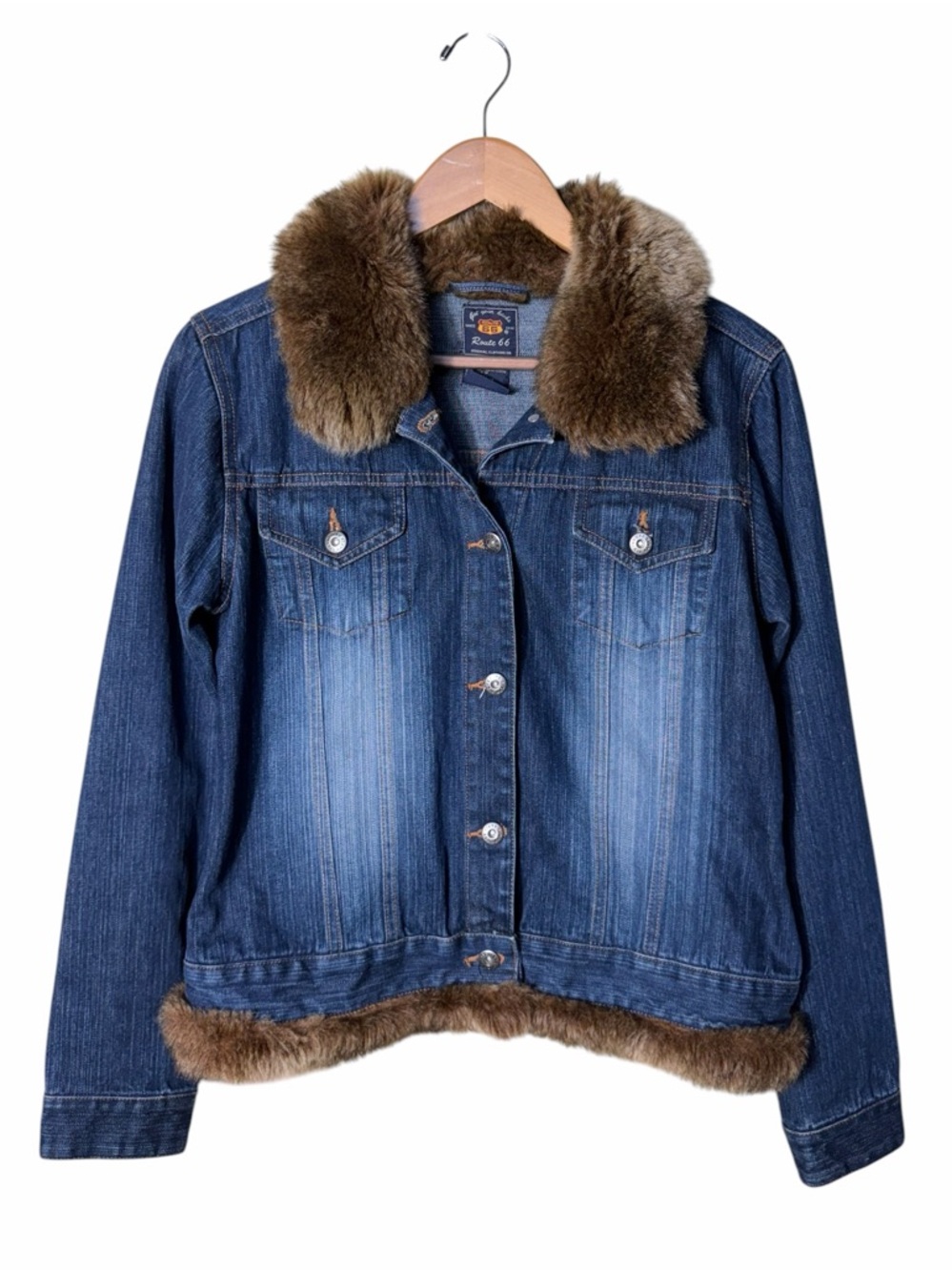 Vintage Y2K Route 66 Fur Trimmed Denim Jacket Size Medium